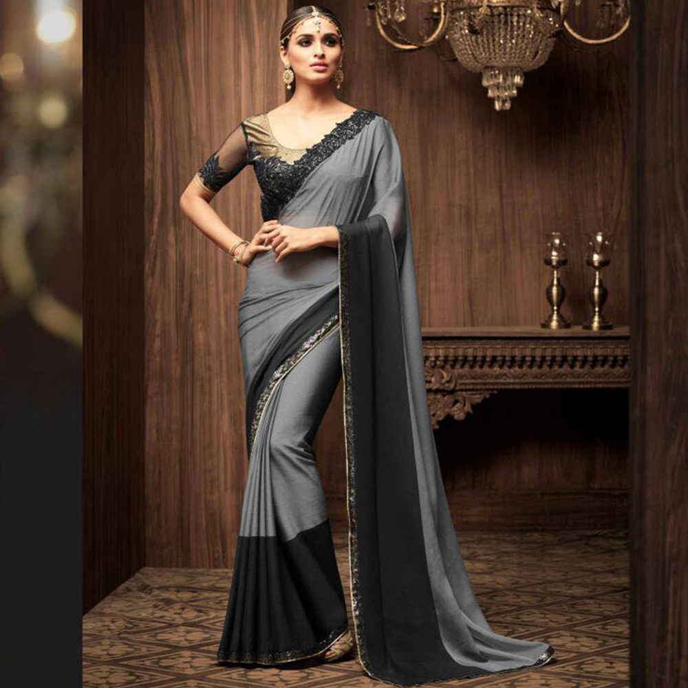 Black and Grey Georgette Saree with Blouse Design